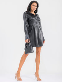 WOMEN'S LONG SLEEVE BUTTON UP PU PLEATHER MINI DRESS
