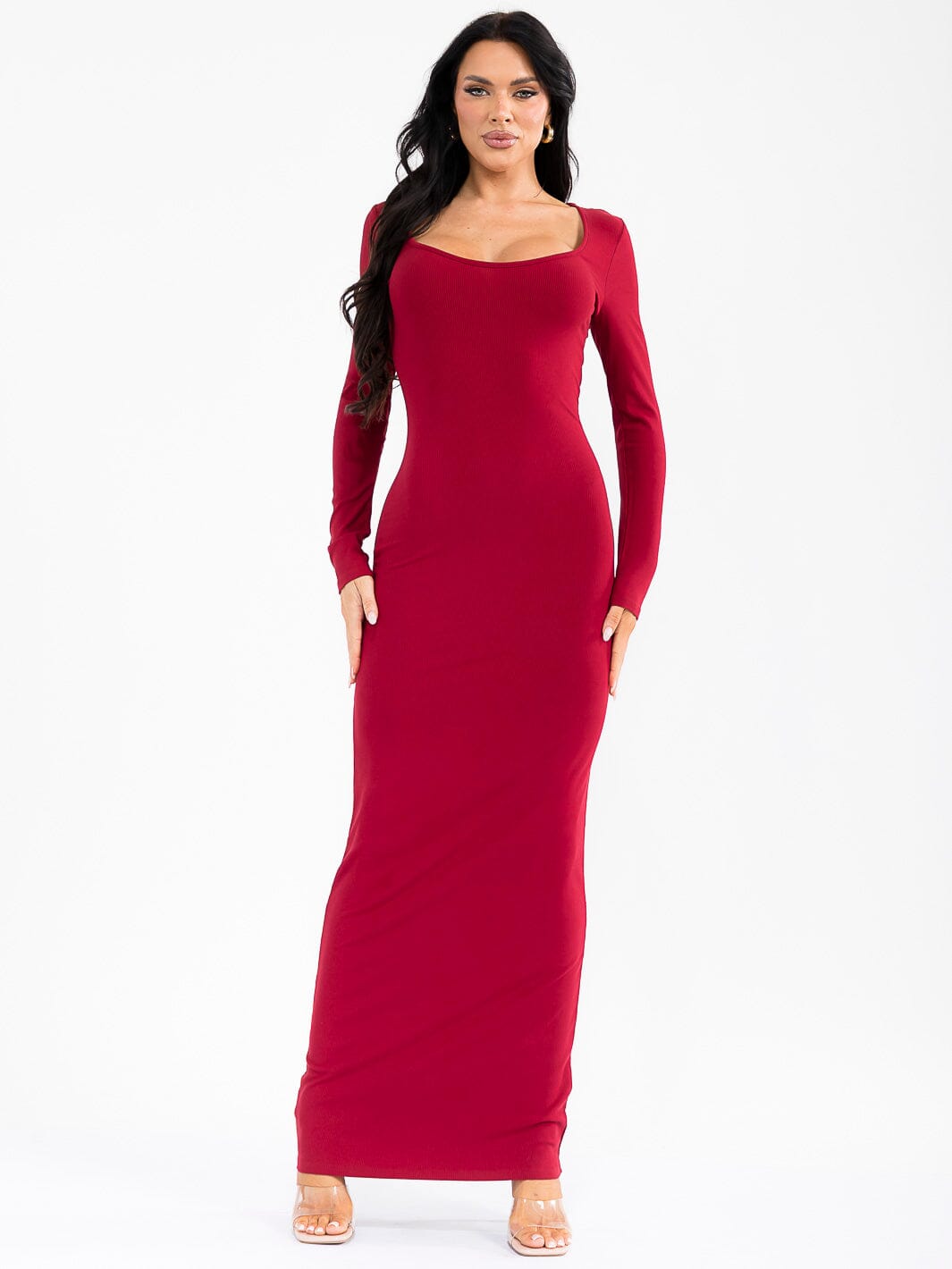 WOMEN'S LONG SLEEVE RIBBED BODYCON MAXI DRESS