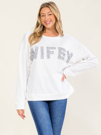 WOMEN'S LONG SLEEVE STUDS WIFEY PULLOVER SWEATER