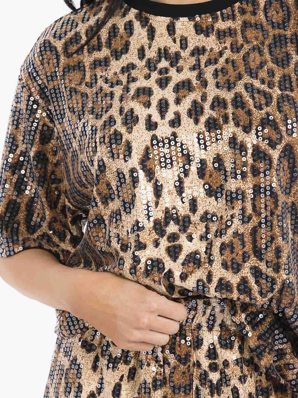 WOMEN'S SHORT SLEEVE TOP & ELASTIC WAIST SHORTS SEQUINS ANIMAL PRINT 2PC. SET