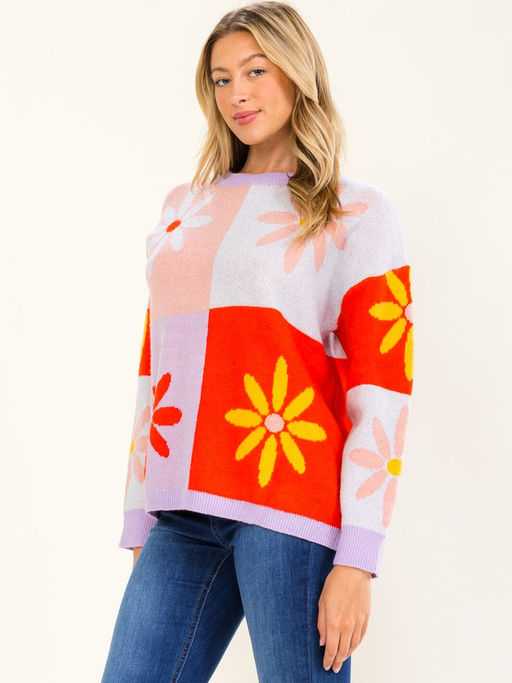 WOMEN'S LONG SLEEVE FLOWERS PRINT COLORBLOCK PULLOVER SWEATER