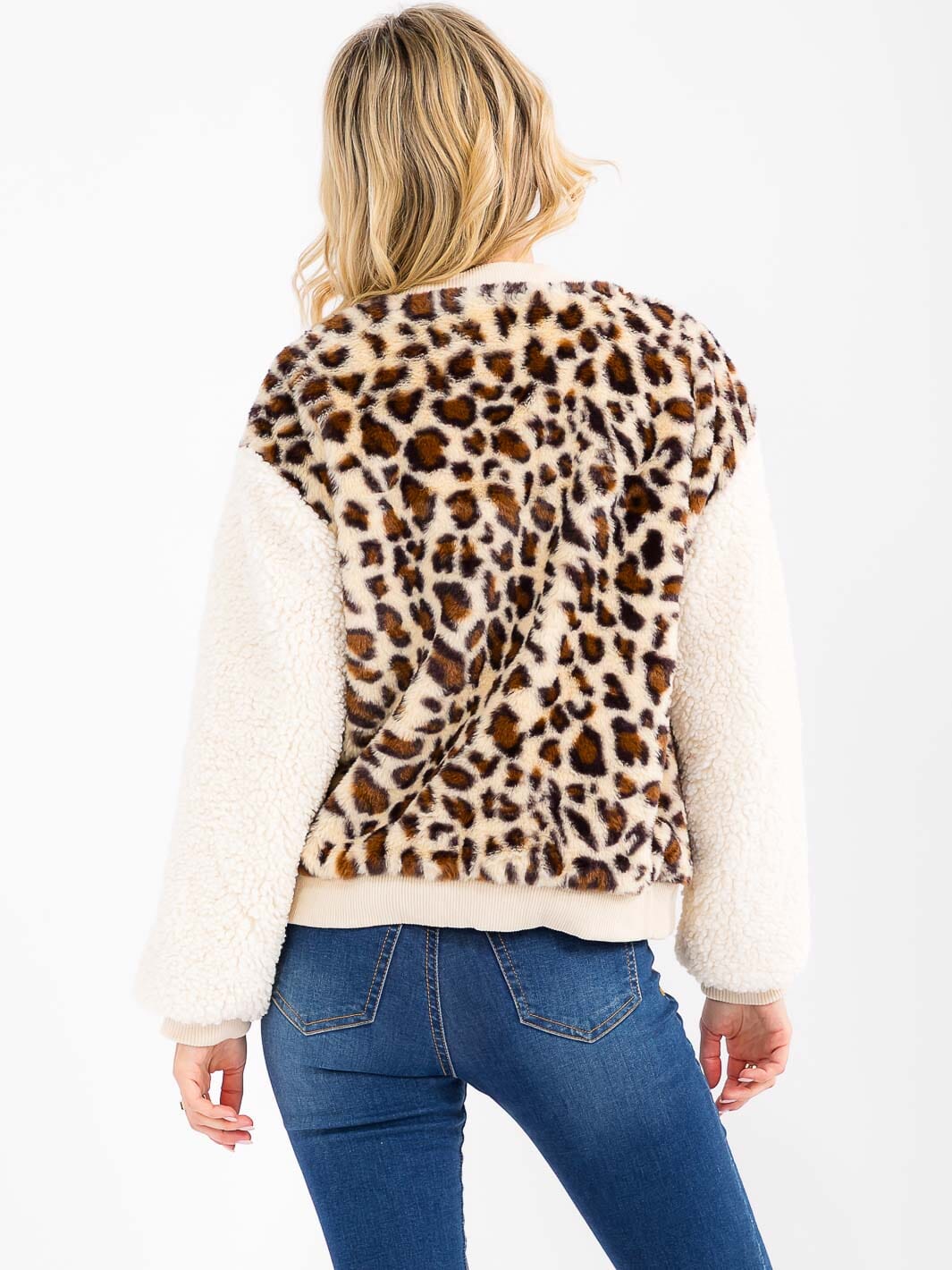 WOMEN'S LONG SLEEVE ZIP UP FRONT POCKETS ANIMAL PRINT SHERPA JACKET