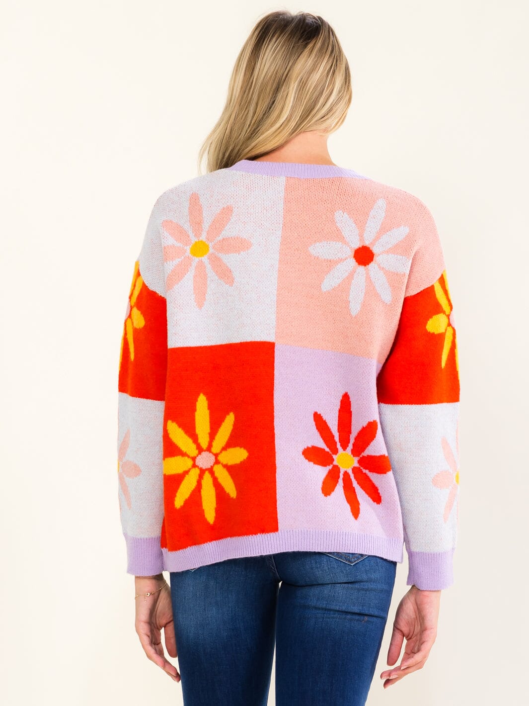 WOMEN'S LONG SLEEVE FLOWERS PRINT COLORBLOCK PULLOVER SWEATER