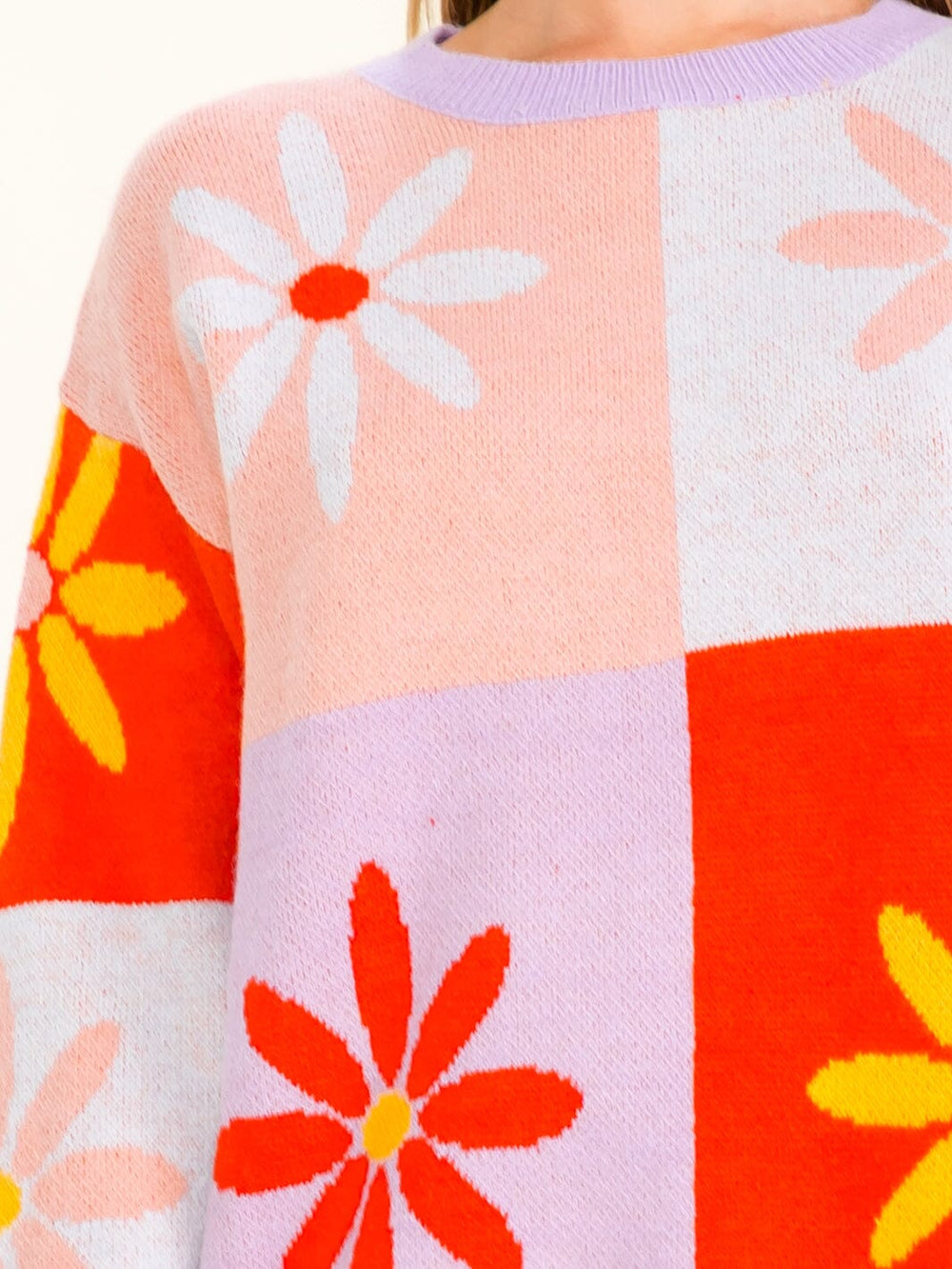WOMEN'S LONG SLEEVE FLOWERS PRINT COLORBLOCK PULLOVER SWEATER