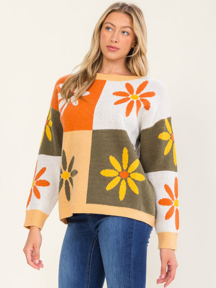 WOMEN'S LONG SLEEVE FLOWERS PRINT COLORBLOCK PULLOVER SWEATER