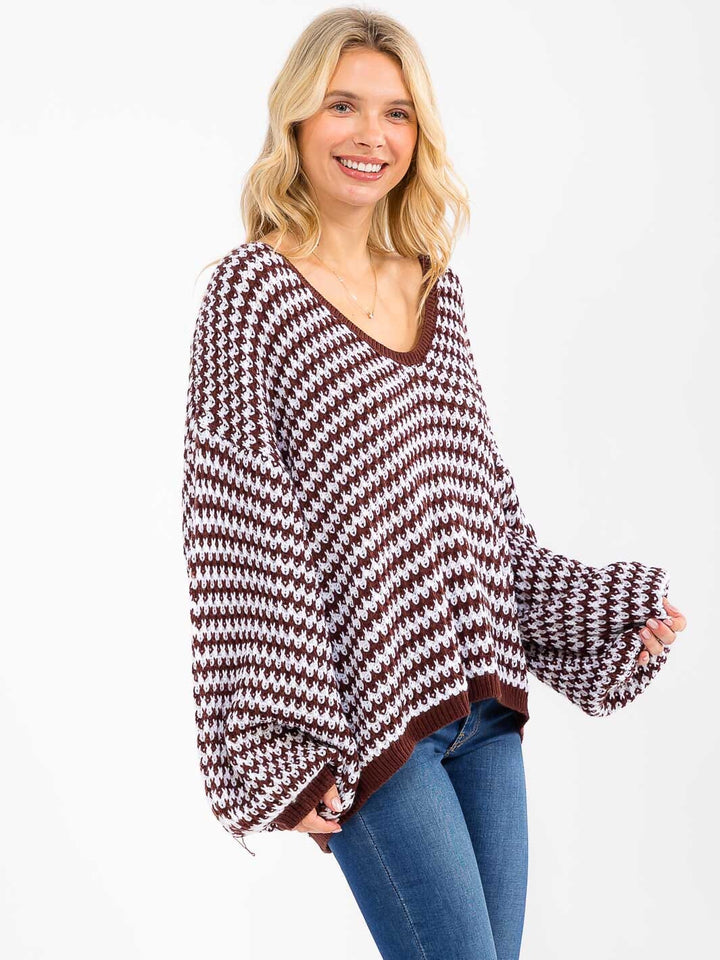 WOMEN'S LONG SLEEVE V-NECK COLORBLOCK OVERSIZED PULLOVER SWEATER