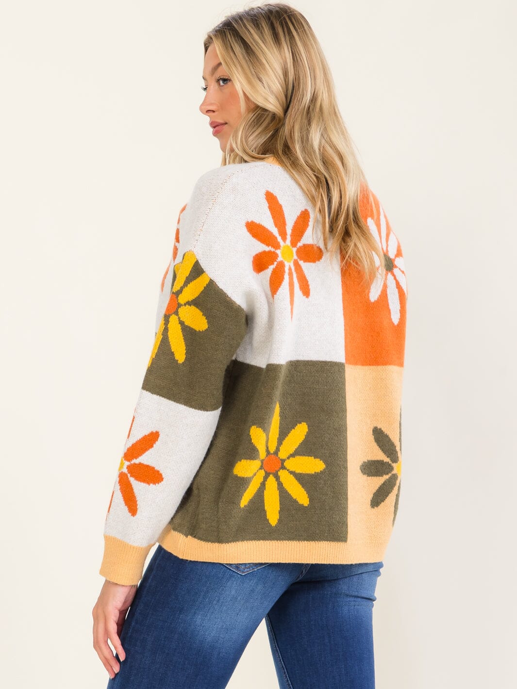 WOMEN'S LONG SLEEVE FLOWERS PRINT COLORBLOCK PULLOVER SWEATER