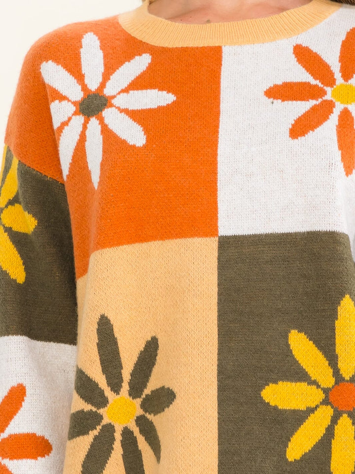 WOMEN'S LONG SLEEVE FLOWERS PRINT COLORBLOCK PULLOVER SWEATER