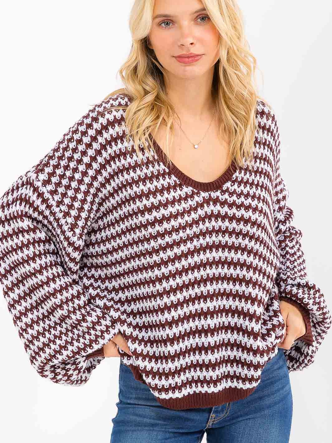 WOMEN'S LONG SLEEVE V-NECK COLORBLOCK OVERSIZED PULLOVER SWEATER