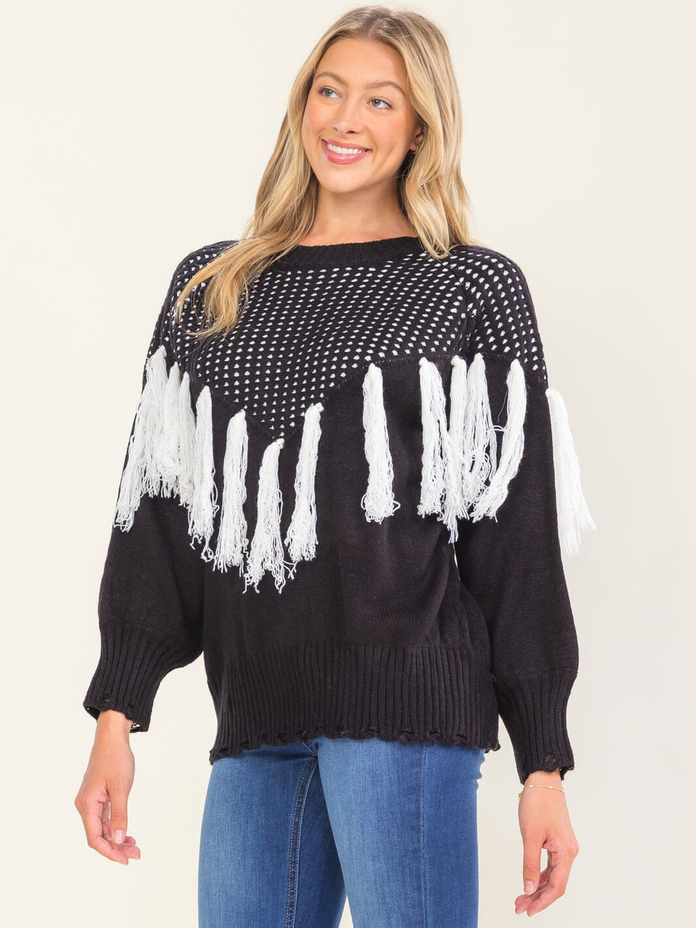 WOMEN'S LONG SLEEVE FRINGE COLORBLOCK PULLOVER SWEATER
