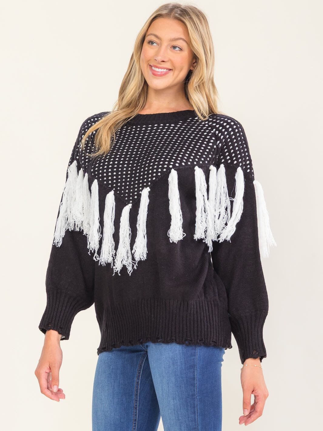 WOMEN'S LONG SLEEVE FRINGE COLORBLOCK PULLOVER SWEATER