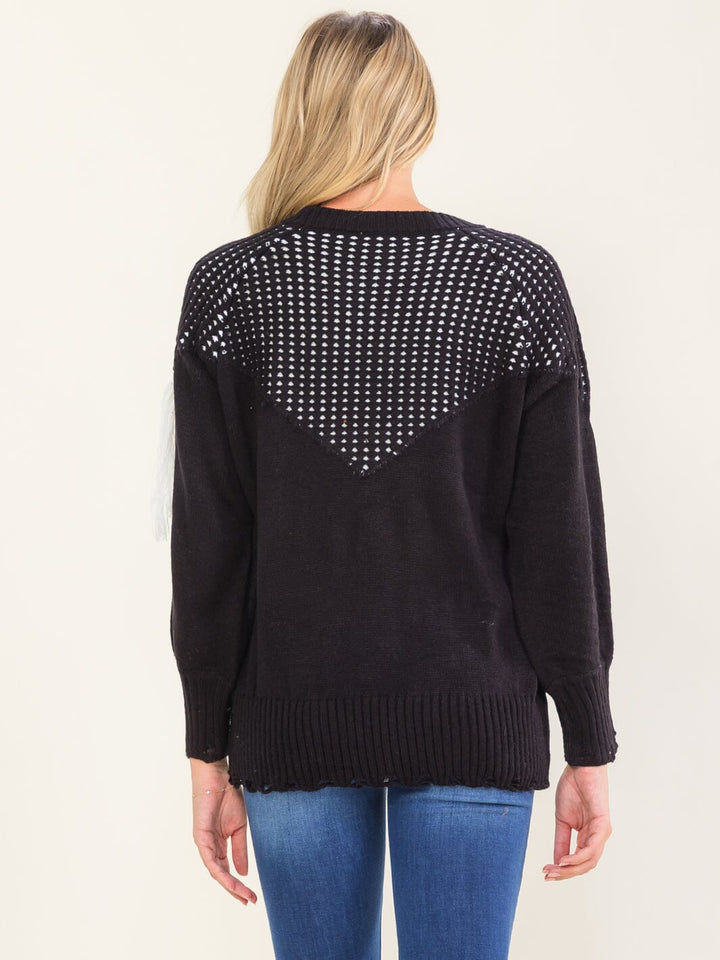 WOMEN'S LONG SLEEVE FRINGE COLORBLOCK PULLOVER SWEATER