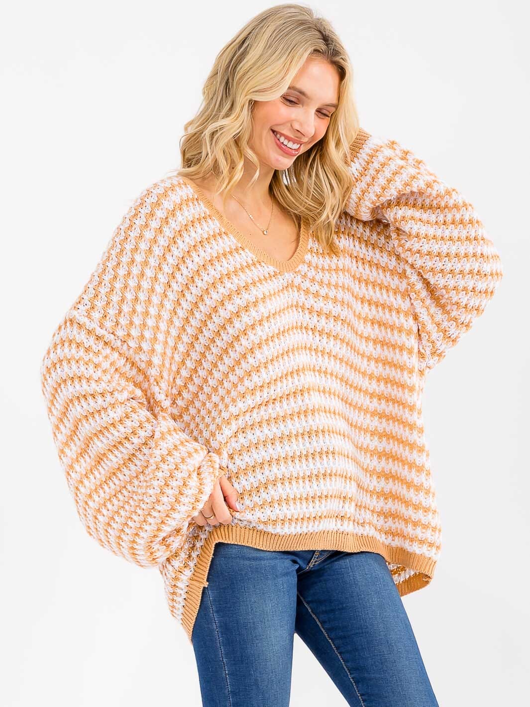 WOMEN'S LONG SLEEVE V-NECK COLORBLOCK OVERSIZED PULLOVER SWEATER