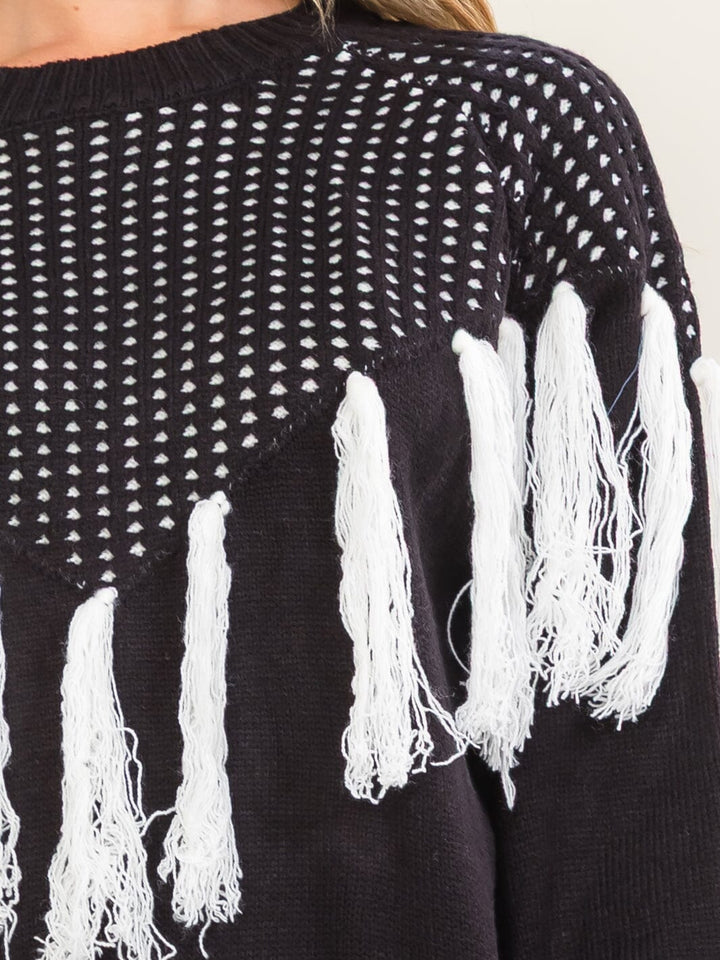 WOMEN'S LONG SLEEVE FRINGE COLORBLOCK PULLOVER SWEATER