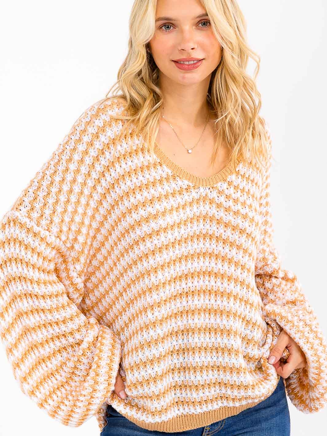 WOMEN'S LONG SLEEVE V-NECK COLORBLOCK OVERSIZED PULLOVER SWEATER