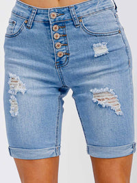 WOMEN'S BUTTON CLOSURE DISTRESS DENIM BIKER SHORTS