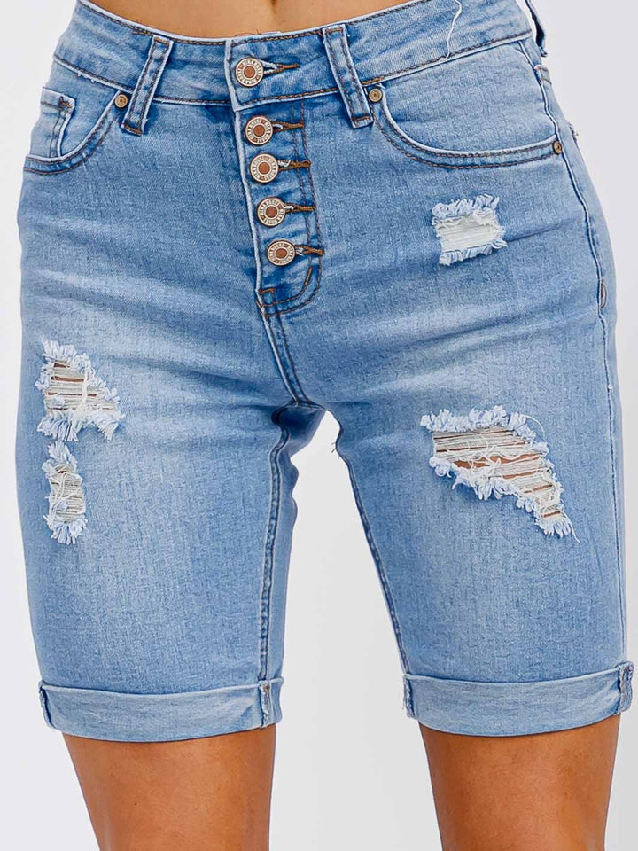 WOMEN'S BUTTON CLOSURE DISTRESS DENIM BIKER SHORTS