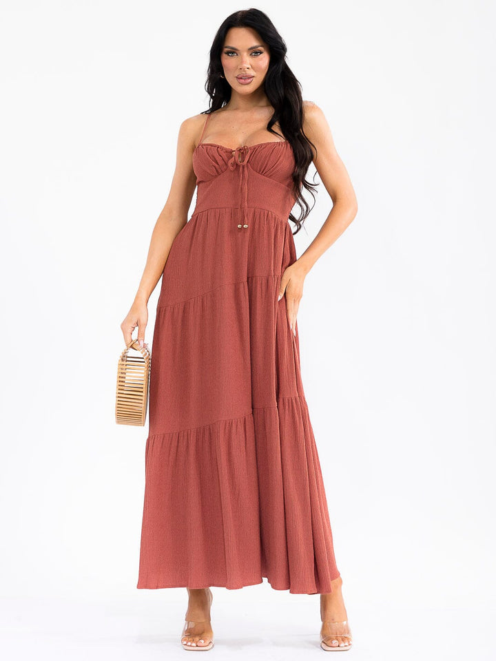 WOMEN'S SLEEVELESS SMOCK FRONT POCKETS TIERED MAXI DRESS