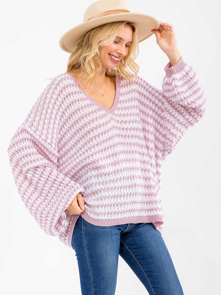 WOMEN'S LONG SLEEVE V-NECK COLORBLOCK OVERSIZED PULLOVER SWEATER