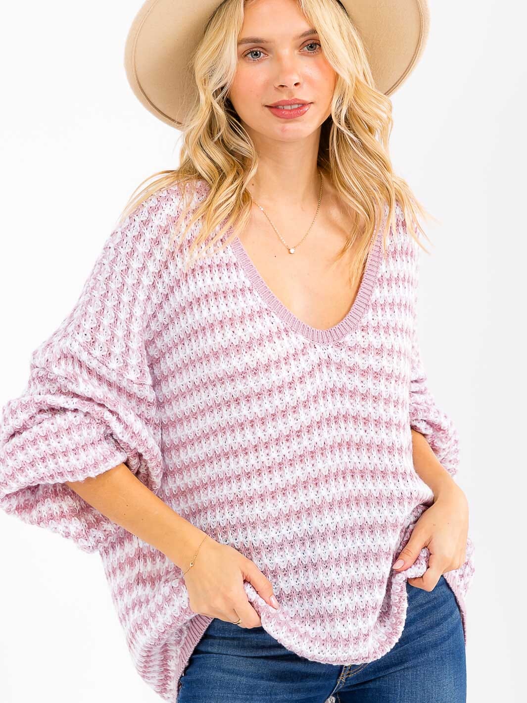 WOMEN'S LONG SLEEVE V-NECK COLORBLOCK OVERSIZED PULLOVER SWEATER