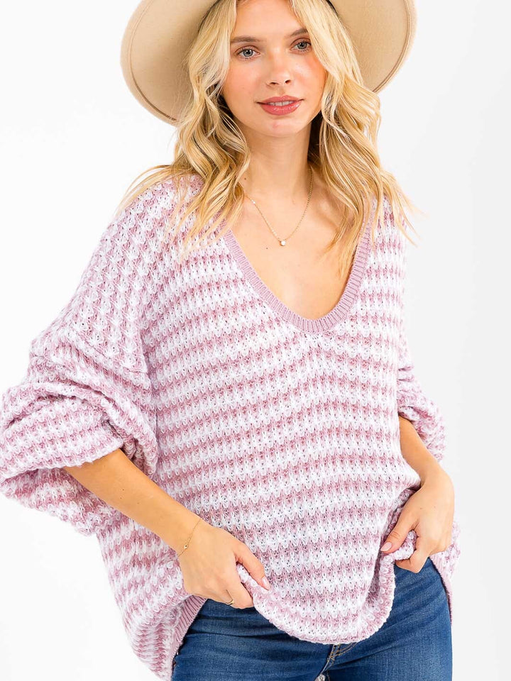 WOMEN'S LONG SLEEVE V-NECK COLORBLOCK OVERSIZED PULLOVER SWEATER