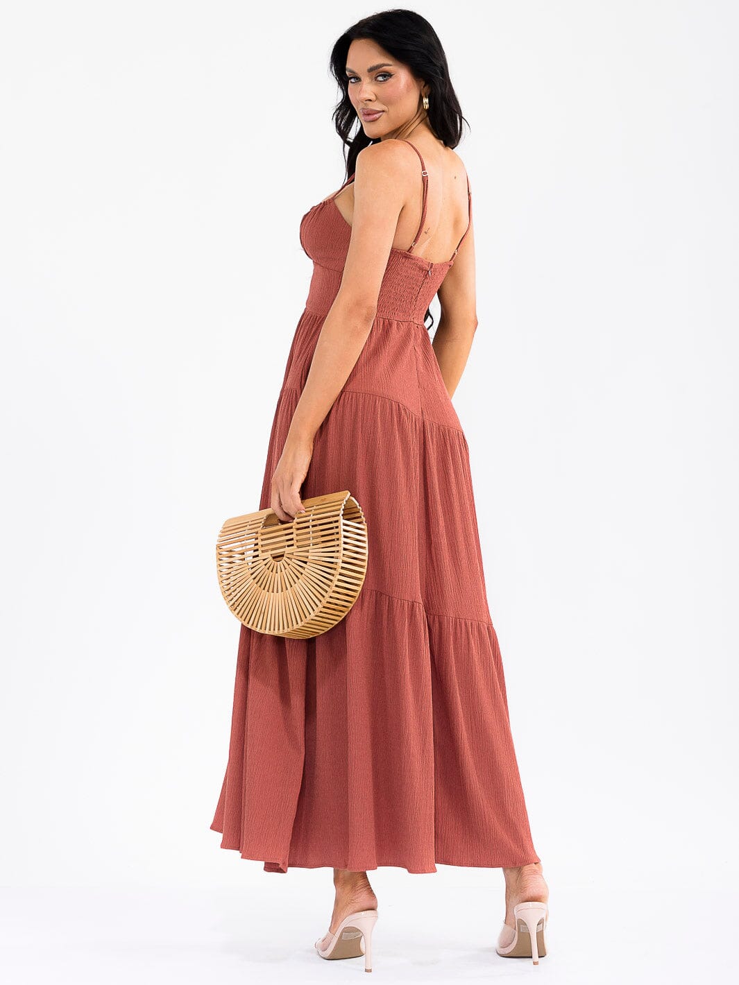 WOMEN'S SLEEVELESS SMOCK FRONT POCKETS TIERED MAXI DRESS