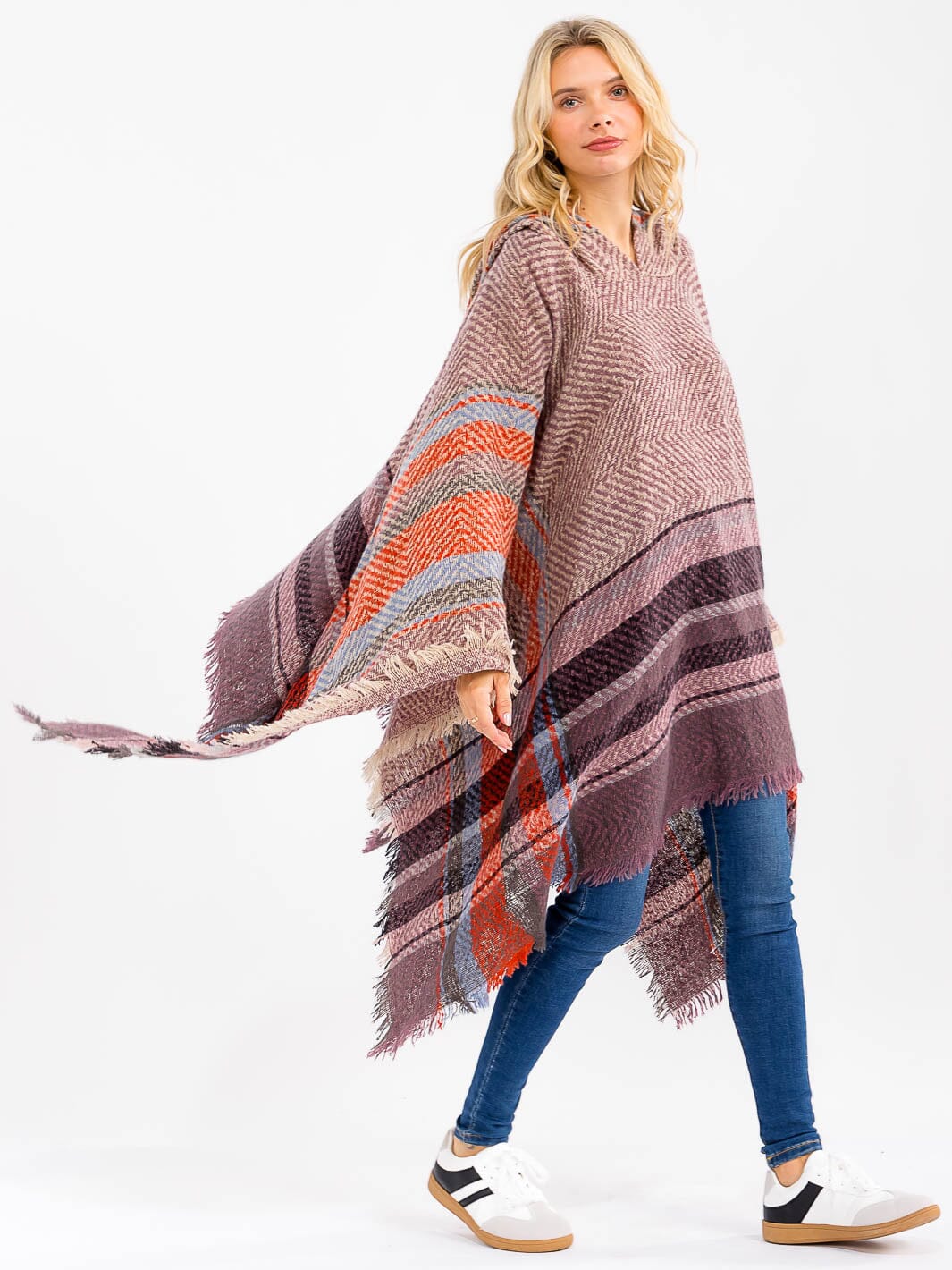 WOMEN'S LONG SLEEVE V-NECK HOODED PLAID PULLOVER PONCHO
