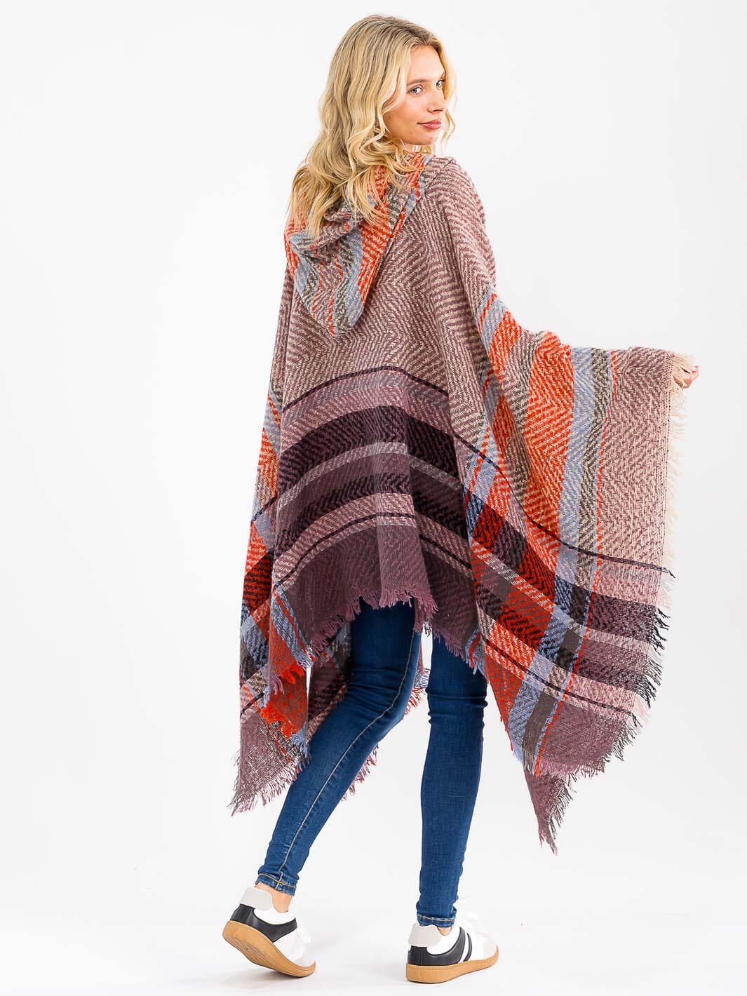 WOMEN'S LONG SLEEVE V-NECK HOODED PLAID PULLOVER PONCHO