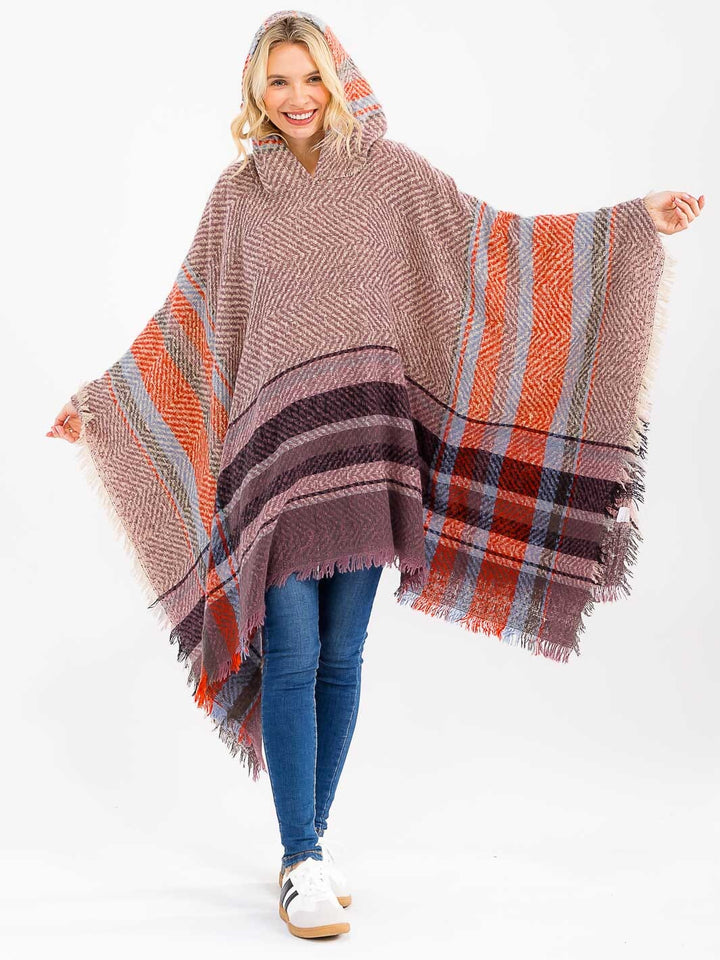 WOMEN'S LONG SLEEVE V-NECK HOODED PLAID PULLOVER PONCHO