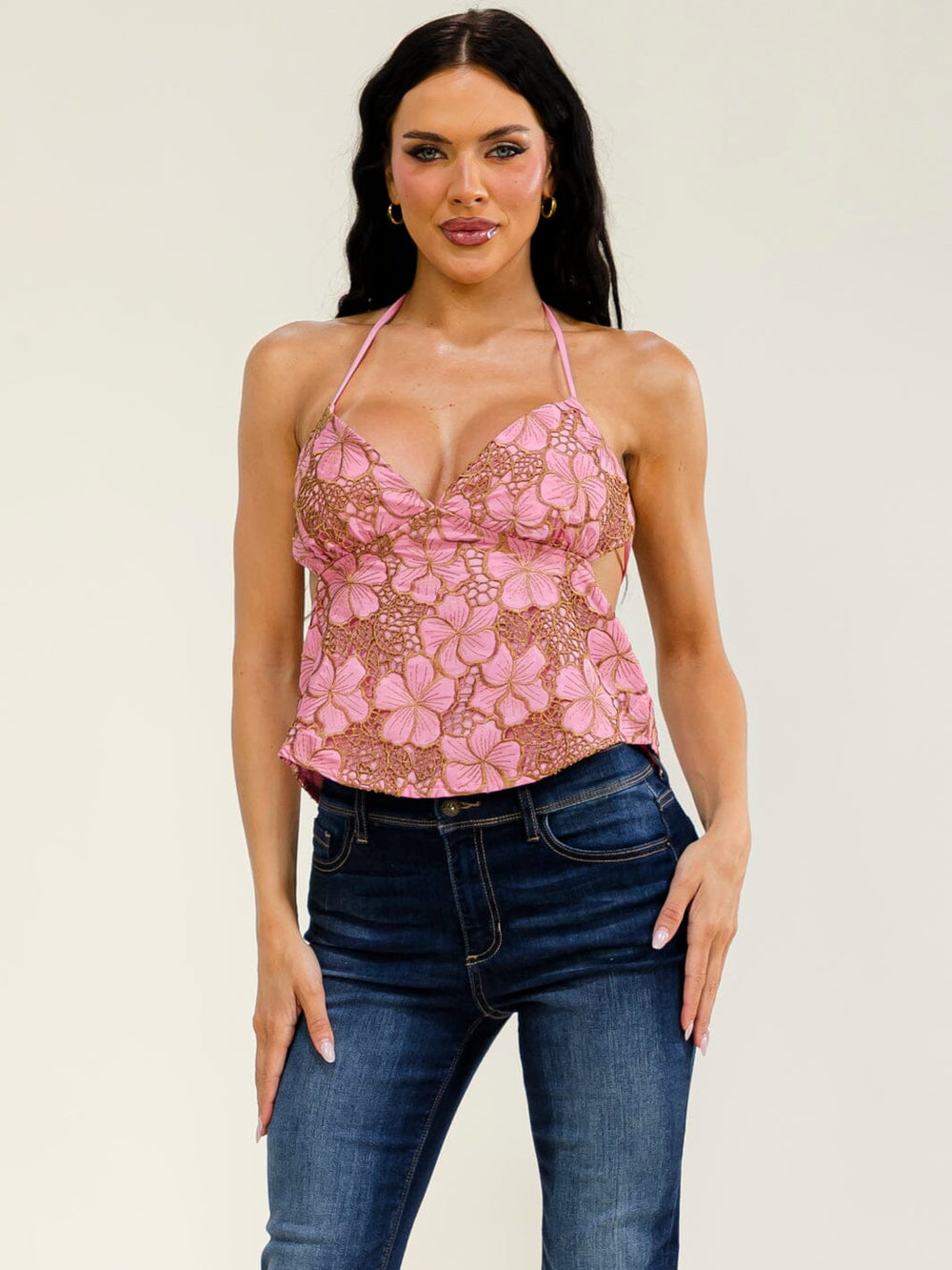 WOMEN'S SLEEVELESS HALTER NECK OPEN BACK FLORAL CROCHET TOP