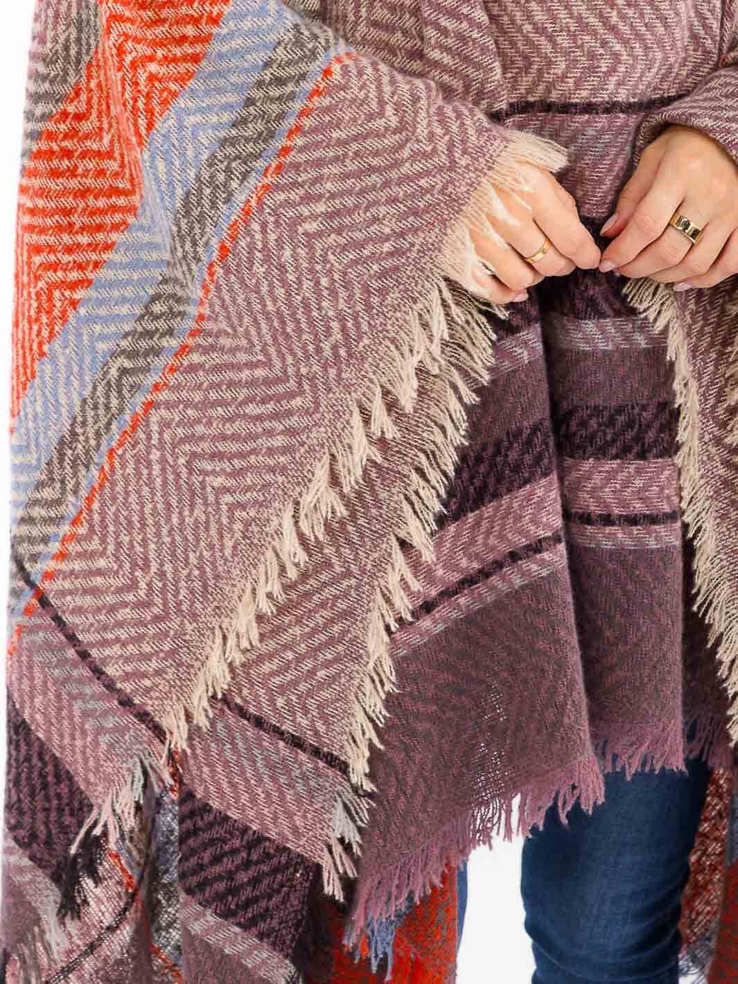 WOMEN'S LONG SLEEVE V-NECK HOODED PLAID PULLOVER PONCHO