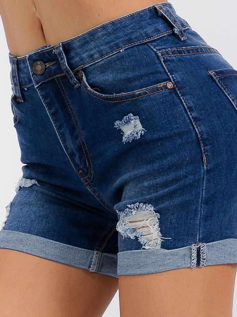 WOMEN'S BUTTON CLOSURE DISTRESS DENIM MINI SHORTS
