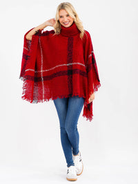 WOMEN'S LONG SLEEVE TURTLE NECK PLAID PULLOVER PONCHO