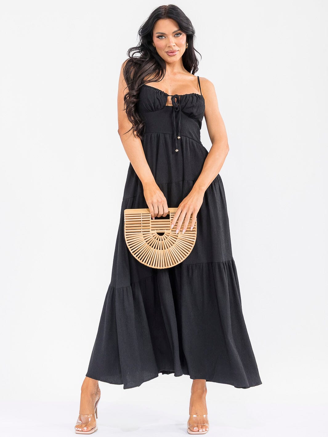 WOMEN'S SLEEVELESS SMOCK FRONT POCKETS TIERED MAXI DRESS