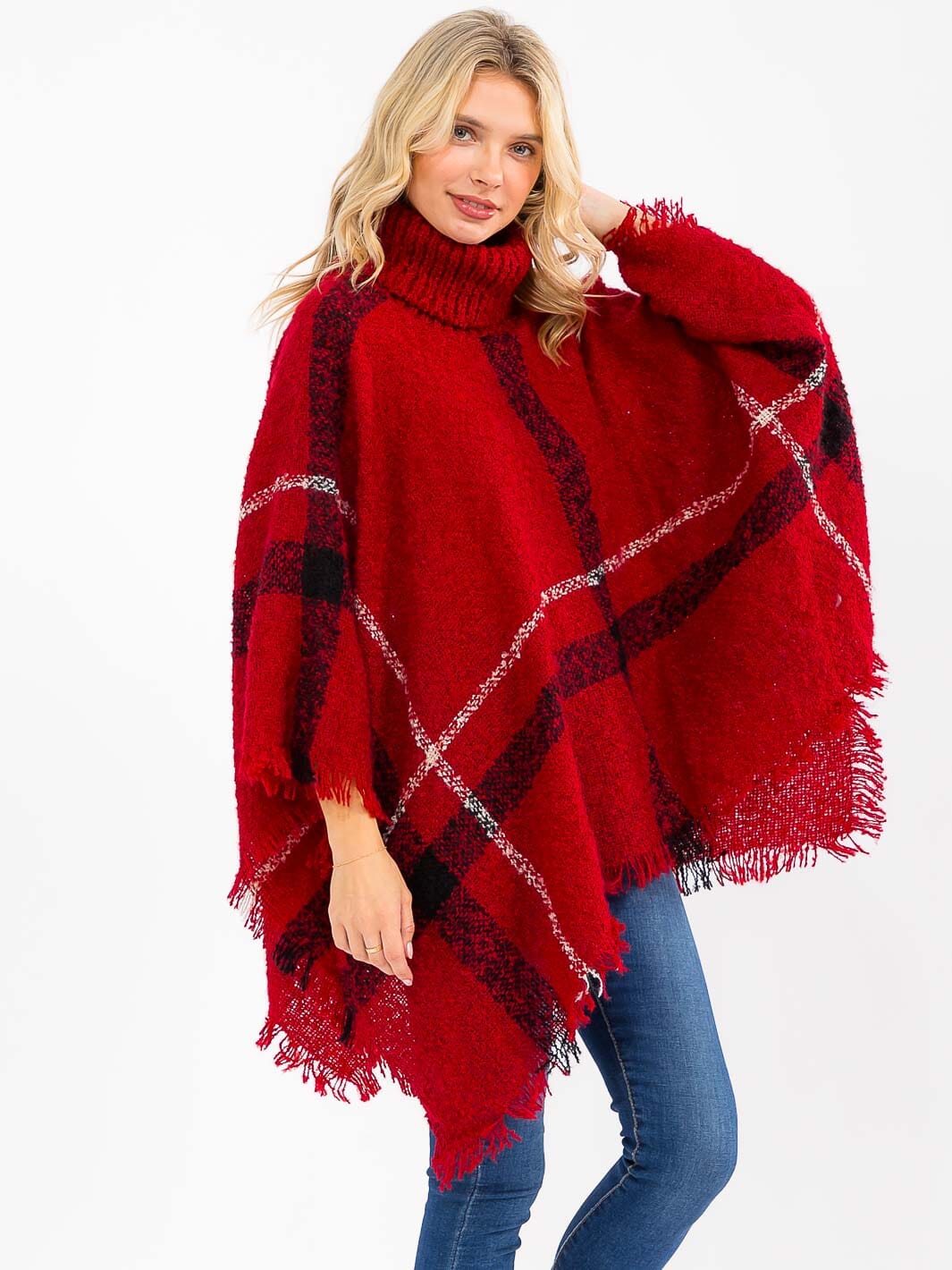 WOMEN'S LONG SLEEVE TURTLE NECK PLAID PULLOVER PONCHO