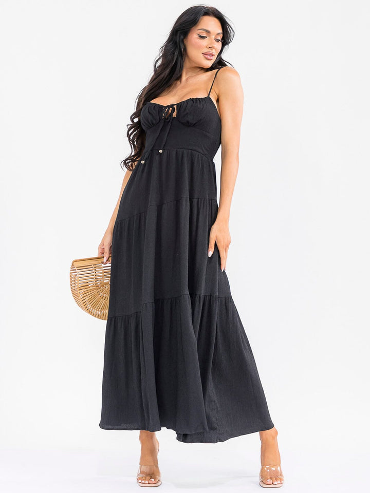 WOMEN'S SLEEVELESS SMOCK FRONT POCKETS TIERED MAXI DRESS