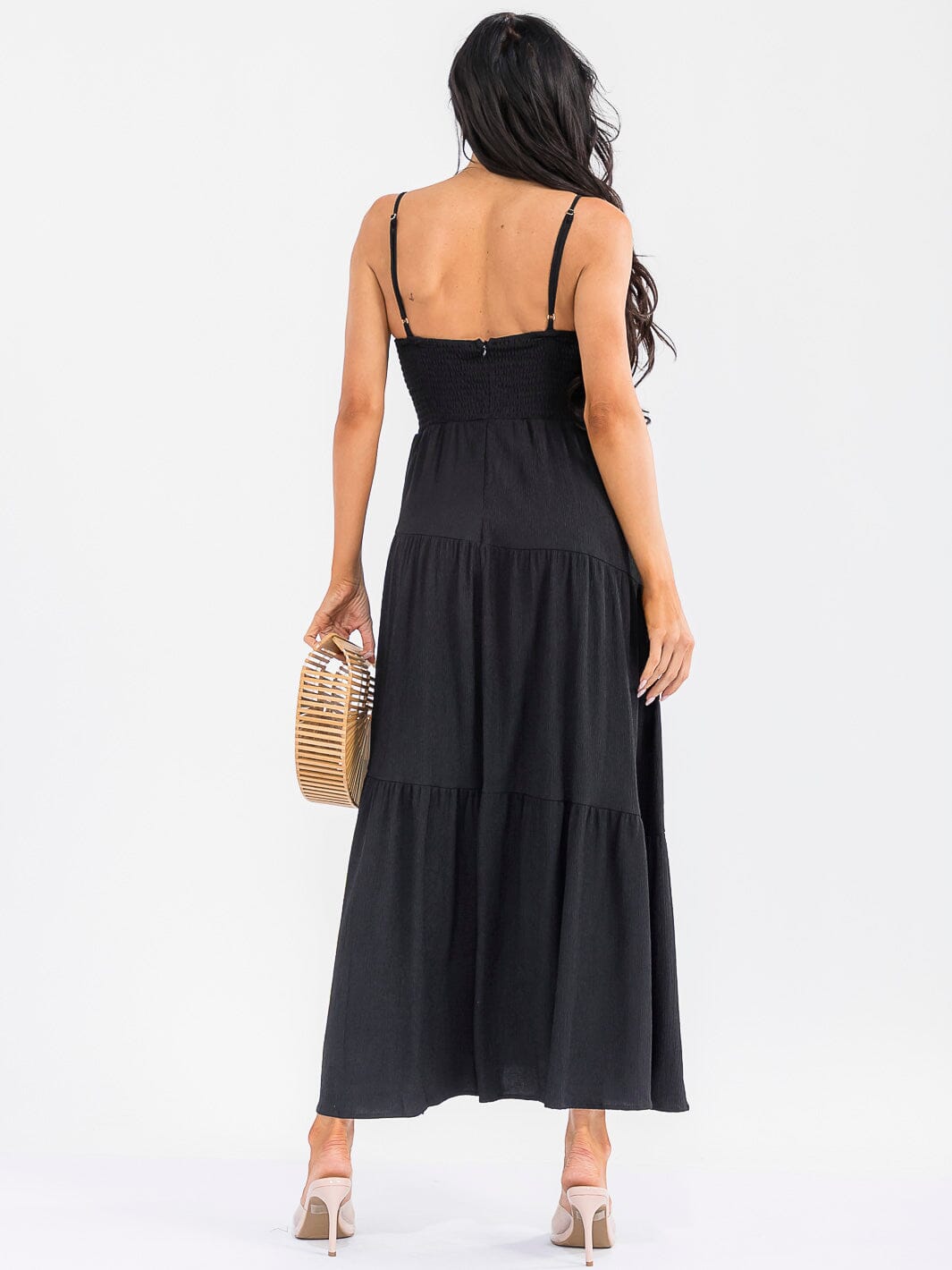 WOMEN'S SLEEVELESS SMOCK FRONT POCKETS TIERED MAXI DRESS