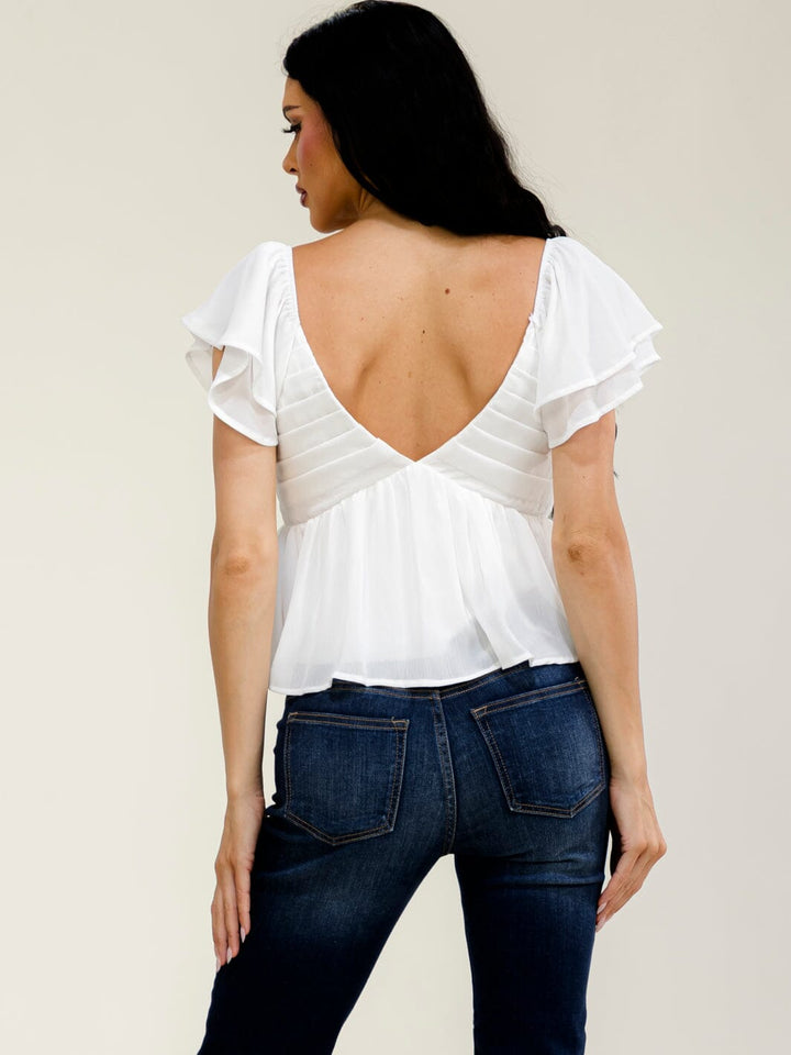 WOMEN'S SHORT RUFFLE SLEEVE V-NECK OPEN BACK BLOUSE