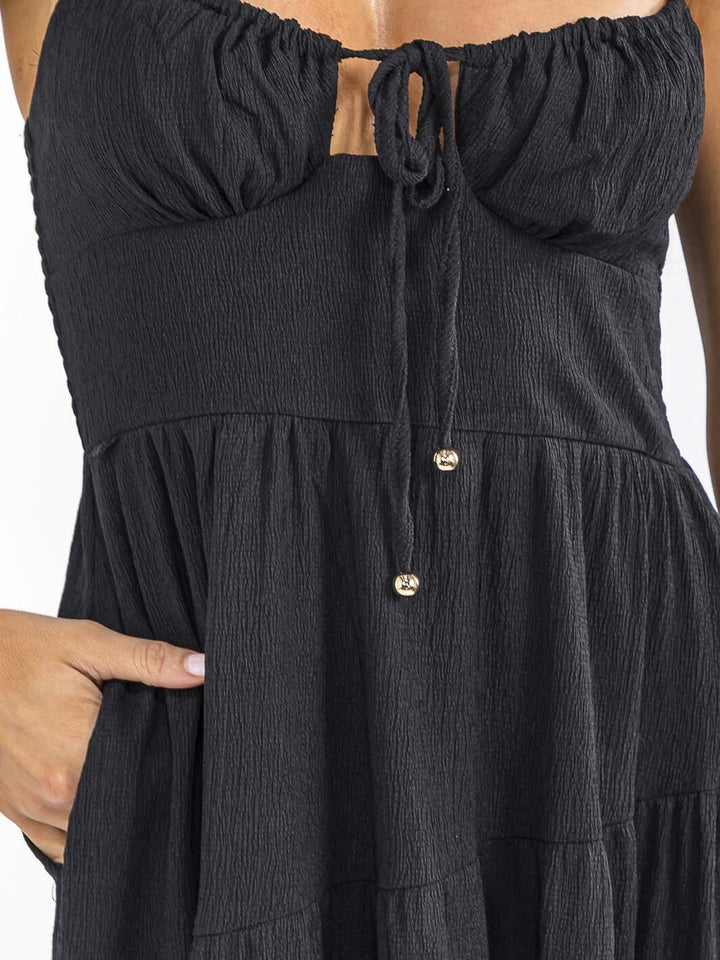 WOMEN'S SLEEVELESS SMOCK FRONT POCKETS TIERED MAXI DRESS