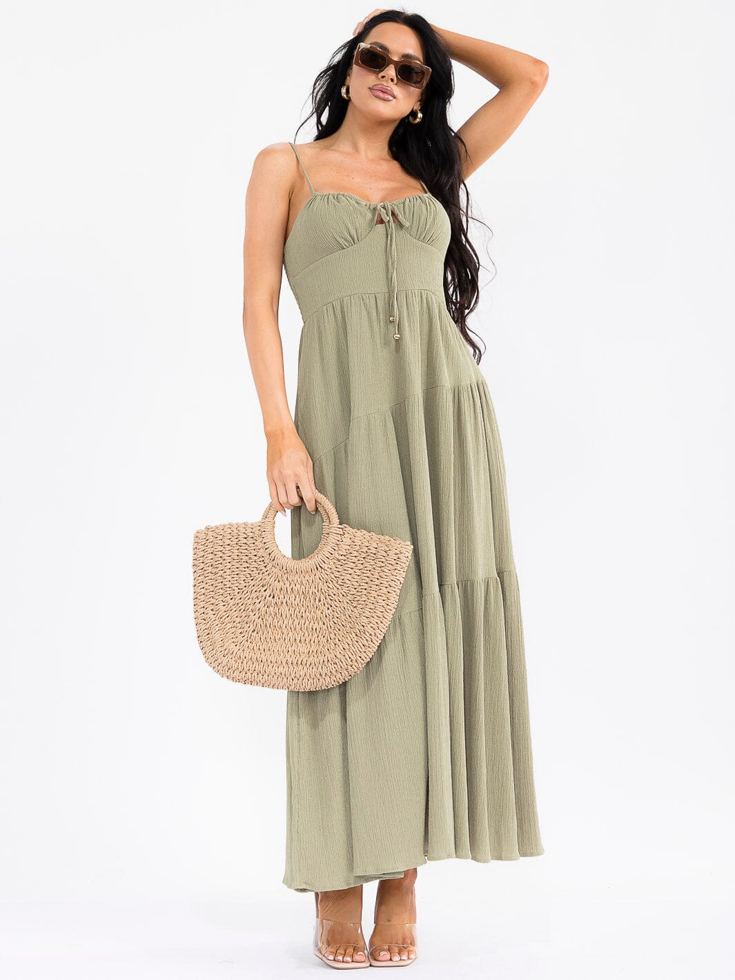 WOMEN'S SLEEVELESS SMOCK FRONT POCKETS TIERED MAXI DRESS