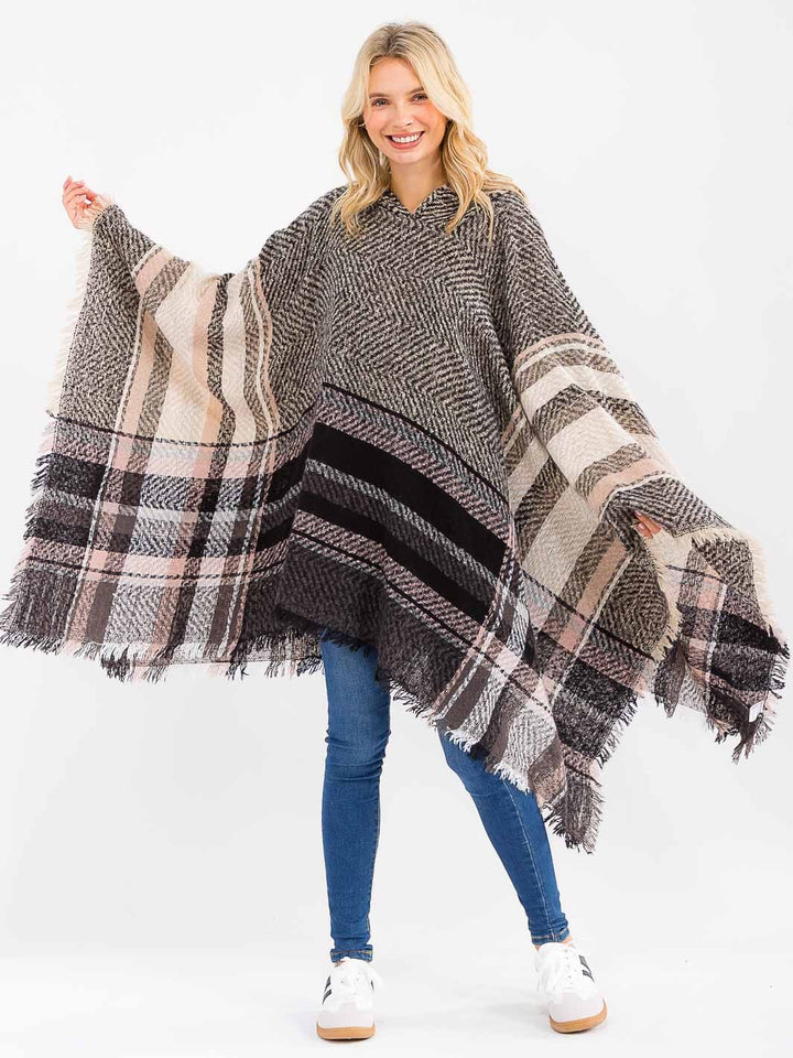 WOMEN'S LONG SLEEVE V-NECK HOODED PLAID PULLOVER PONCHO