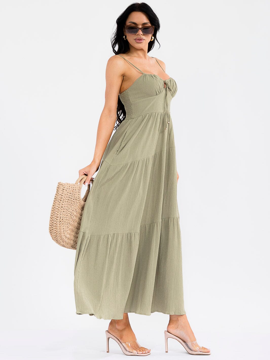 WOMEN'S SLEEVELESS SMOCK FRONT POCKETS TIERED MAXI DRESS