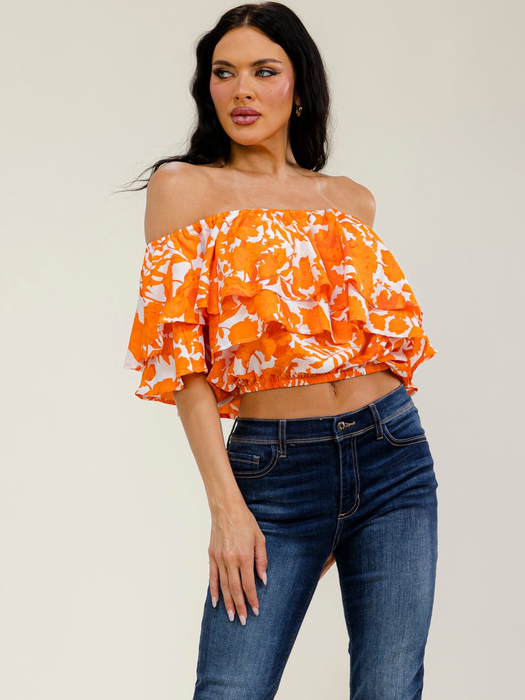 WOMEN'S OFF SHOULDER RUFFLE TIERED FLORAL CROP TOP