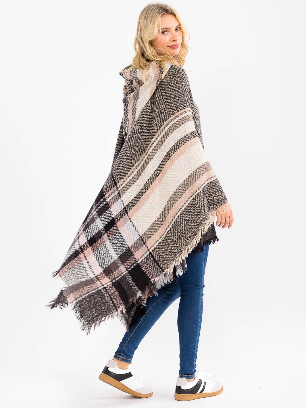 WOMEN'S LONG SLEEVE V-NECK HOODED PLAID PULLOVER PONCHO