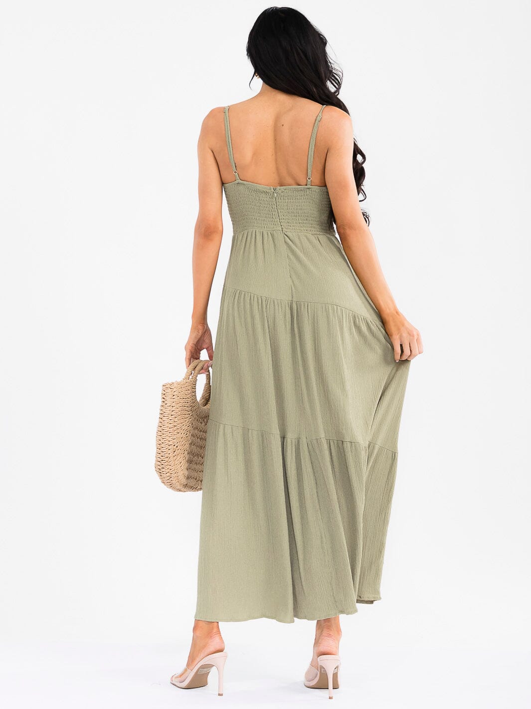 WOMEN'S SLEEVELESS SMOCK FRONT POCKETS TIERED MAXI DRESS