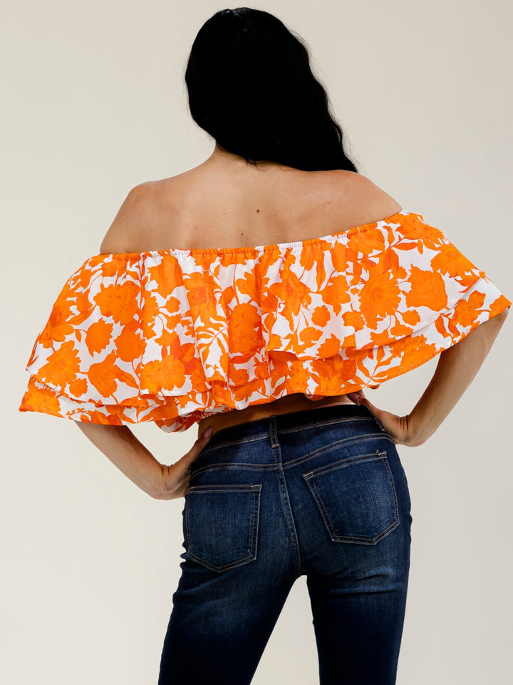 WOMEN'S OFF SHOULDER RUFFLE TIERED FLORAL CROP TOP