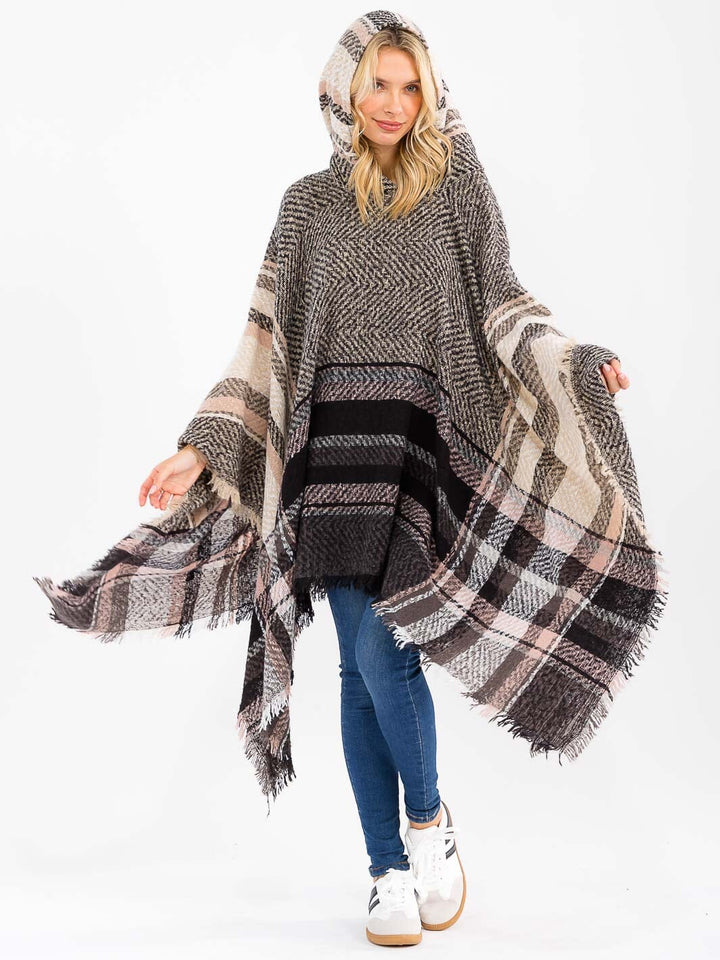 WOMEN'S LONG SLEEVE V-NECK HOODED PLAID PULLOVER PONCHO