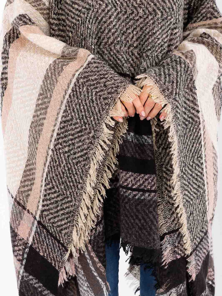 WOMEN'S LONG SLEEVE V-NECK HOODED PLAID PULLOVER PONCHO