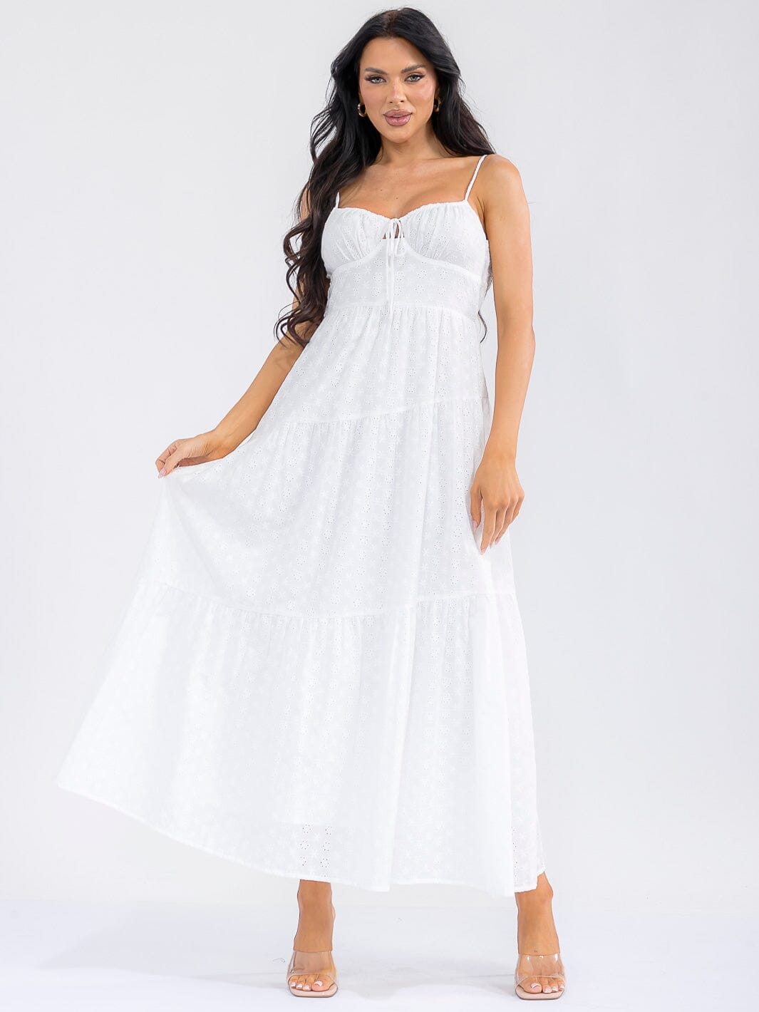WOMEN'S SLEEVELESS SMOCK EYELET DETAILED MAXI DRESS
