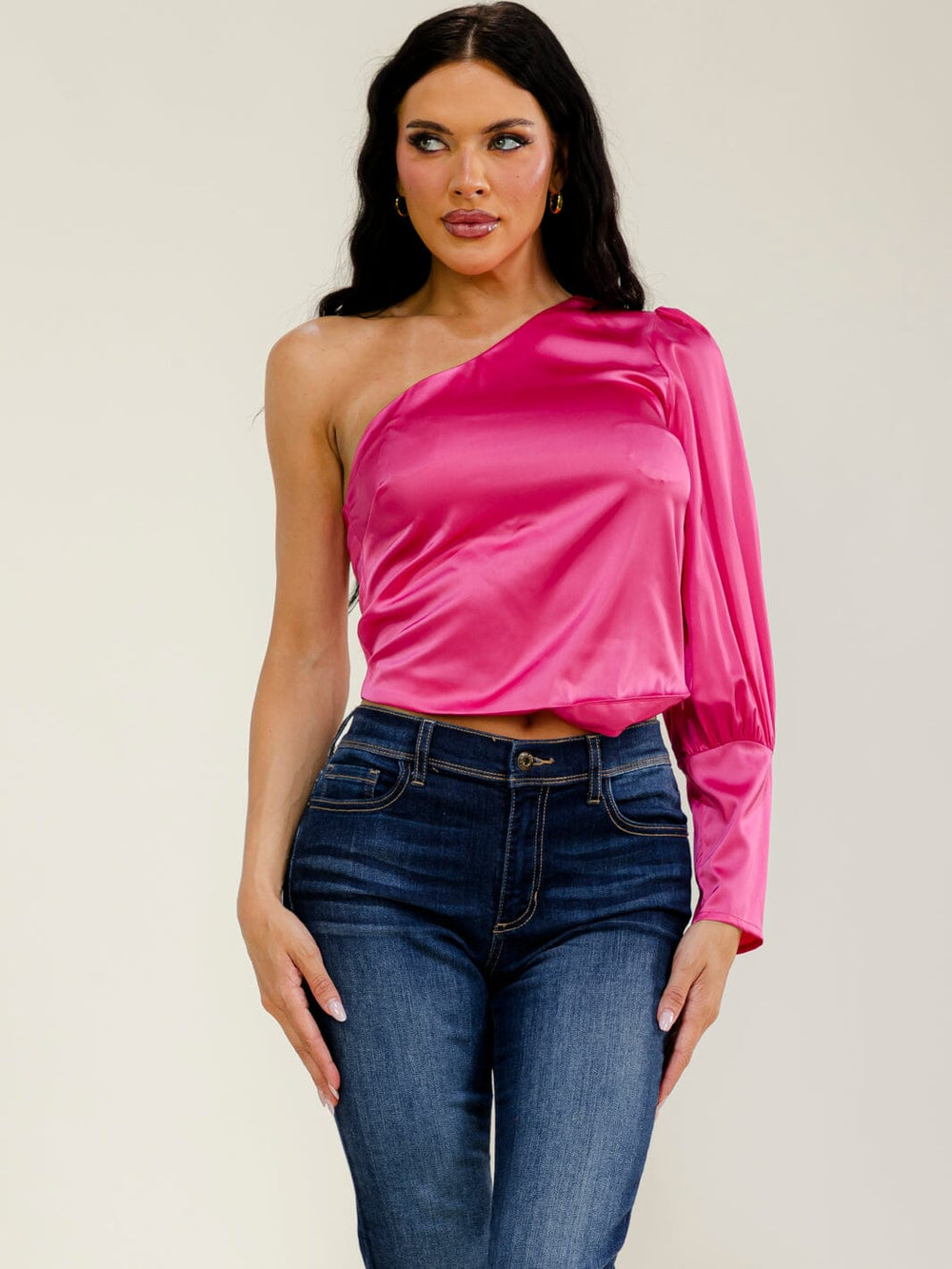 WOMEN'S ONE SHOULDER LONG SLEEVE CROP TOP